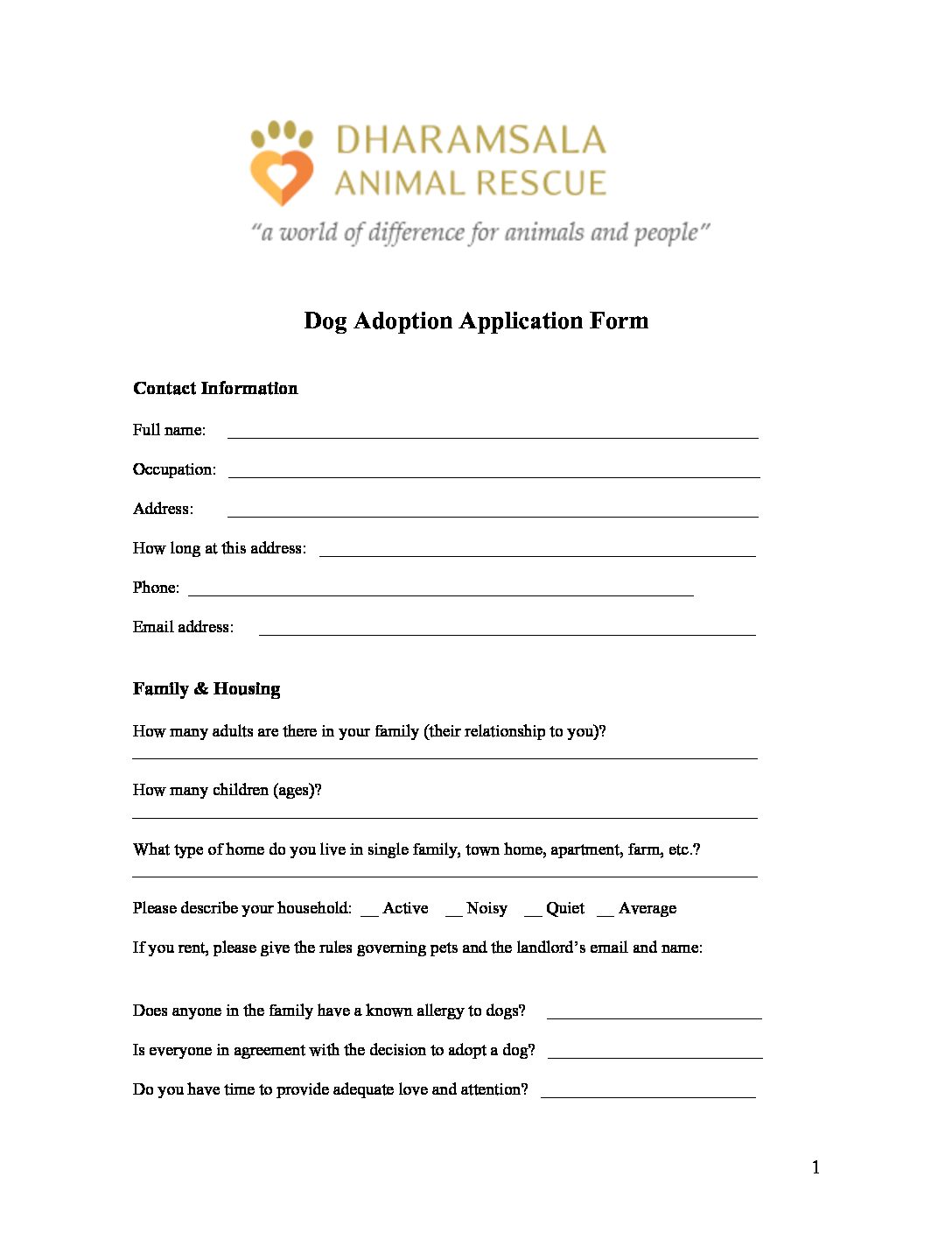 International Adoption Form - Dharamsala Animal Rescue